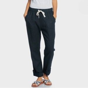 Roxy On The Seashore High Rise Linen Blend Pants Medium Black Elastic Waist NWT